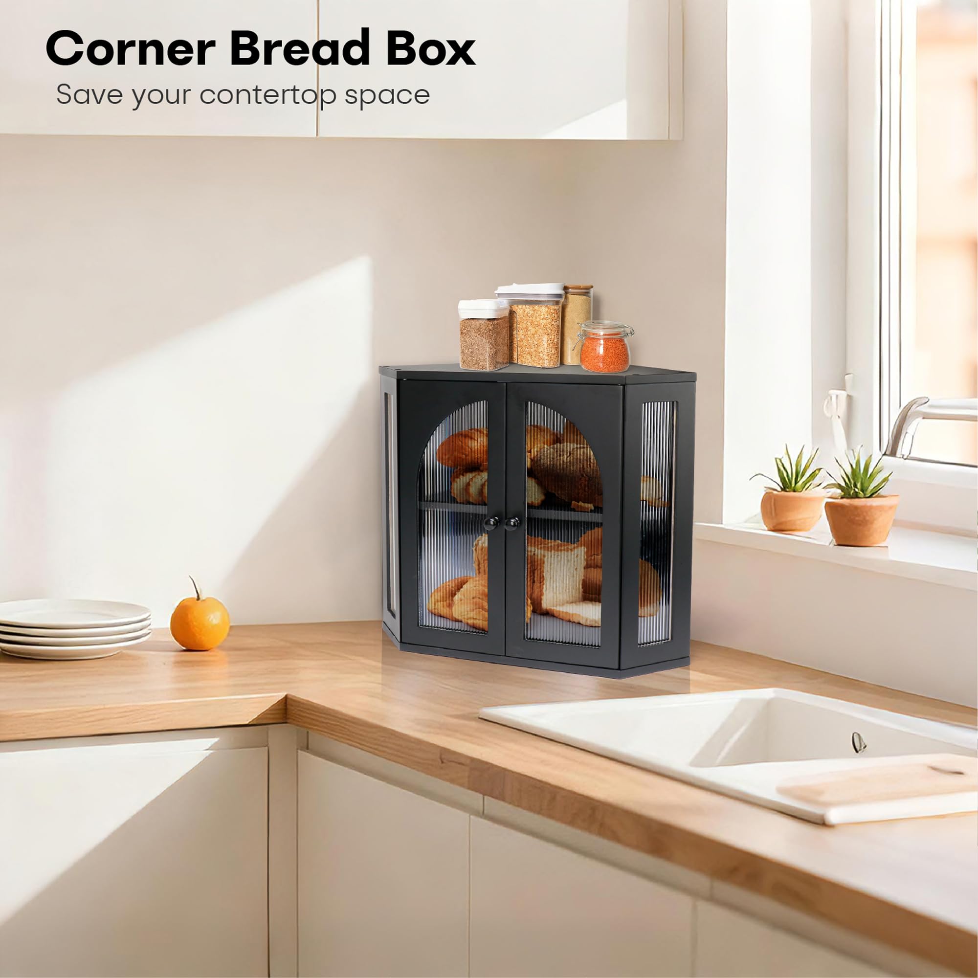 Thalomely bread box open doors showing spacious interior and divider adjustability.