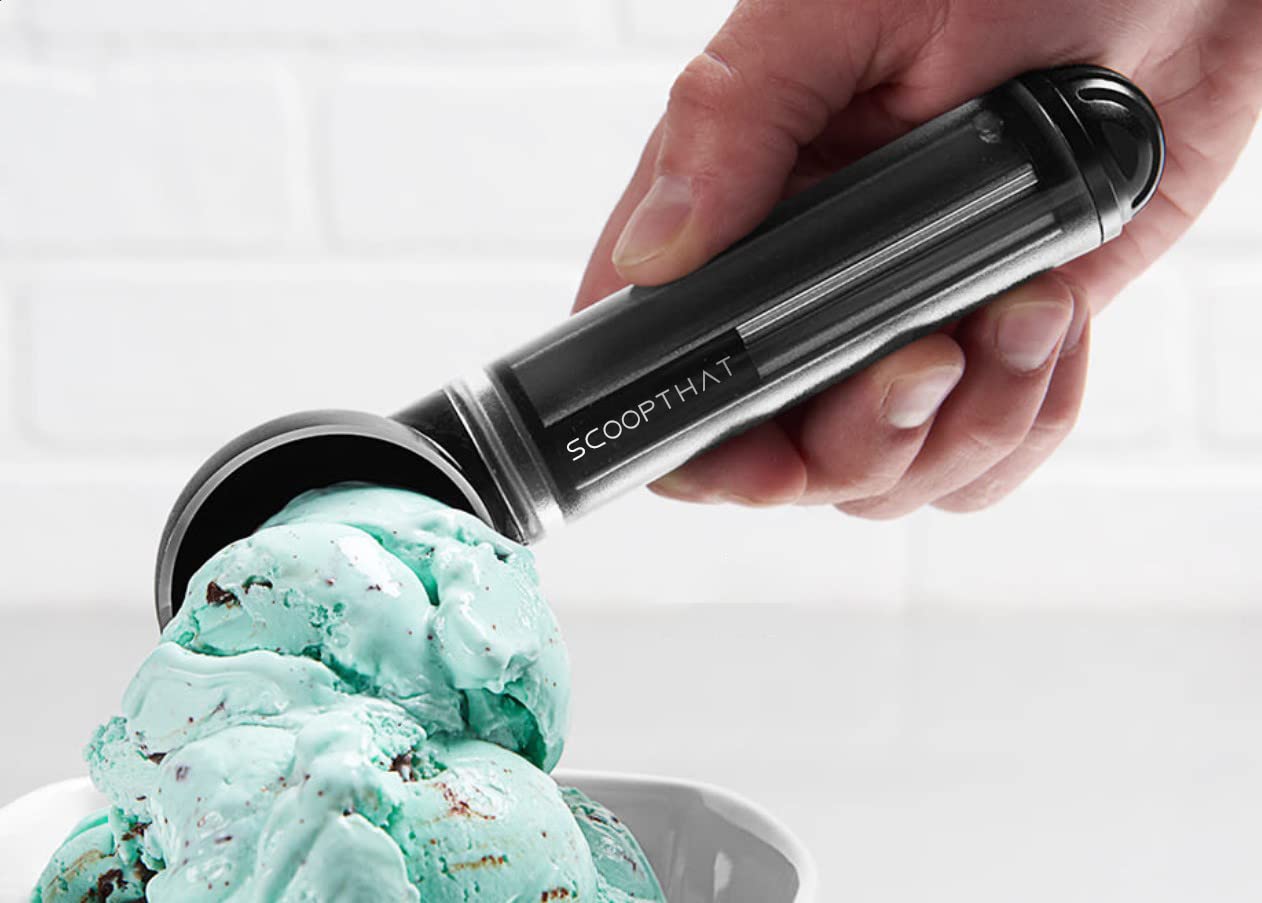 That! Inventions ScoopTHAT Radii warming ice cream scoop in black and grey for effortless, larger servings.