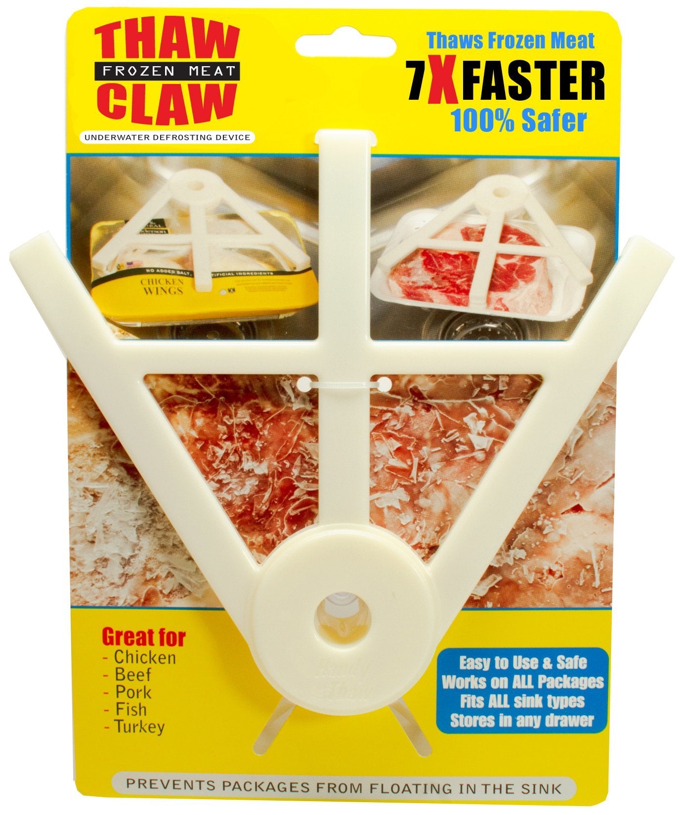 Thaw Claw defroster front view showing quick thawing for chicken and other meats.
