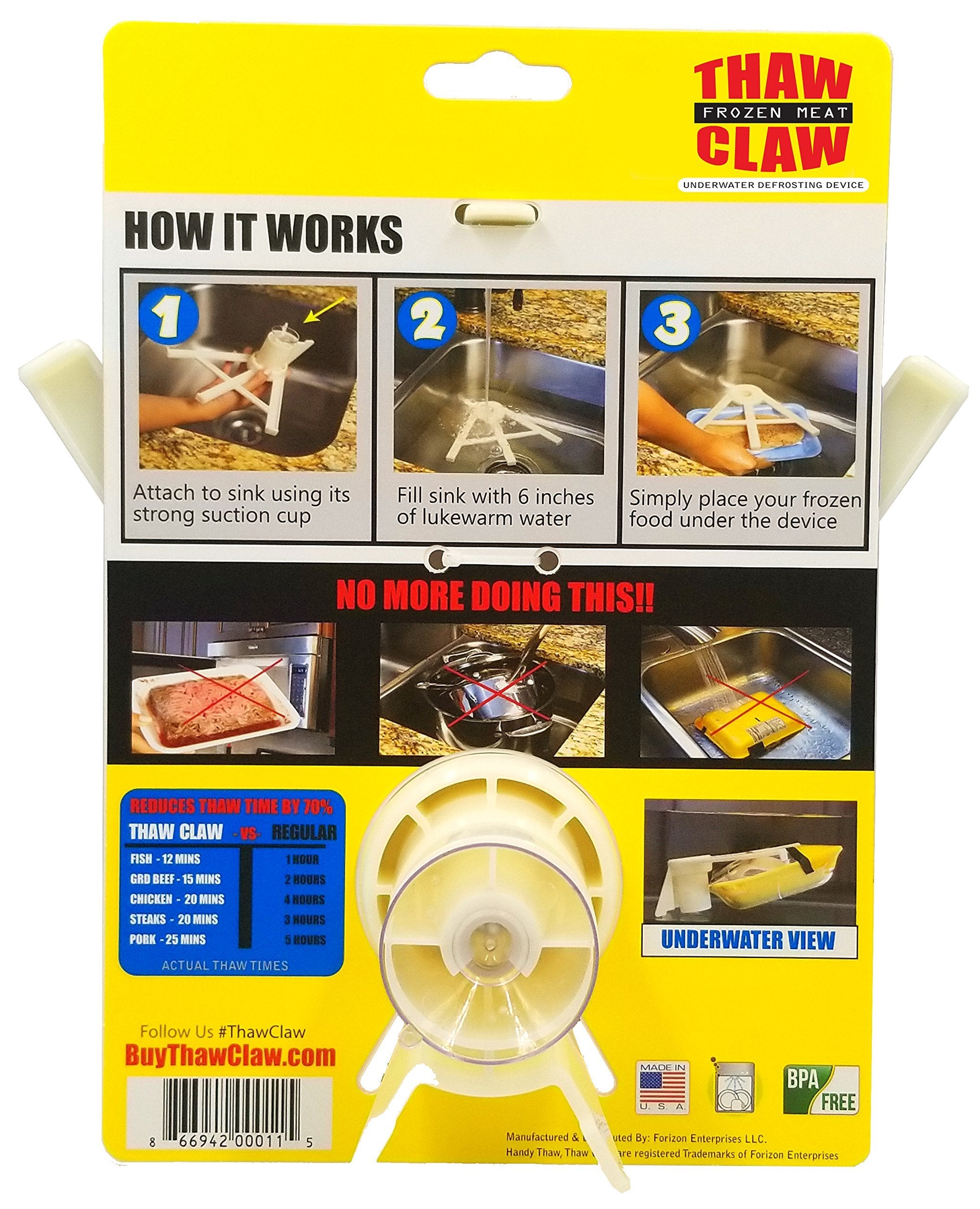 Thaw Claw tool in sink with suction cup securing placement for safe defrosting.