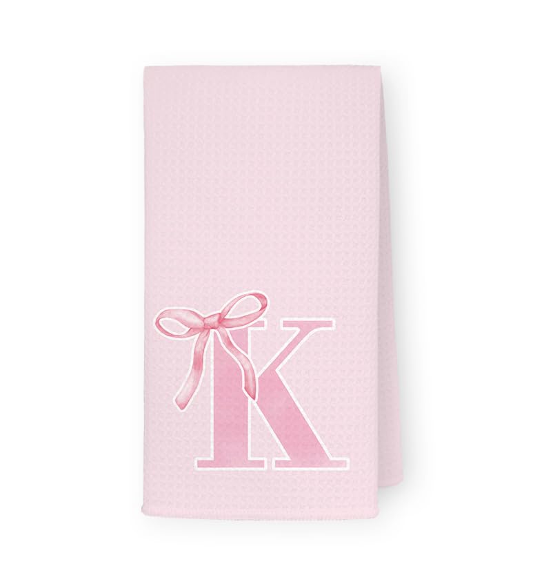 THDSE monogram initial K hand towel with pink bow in soft waffle weave for bathroom.