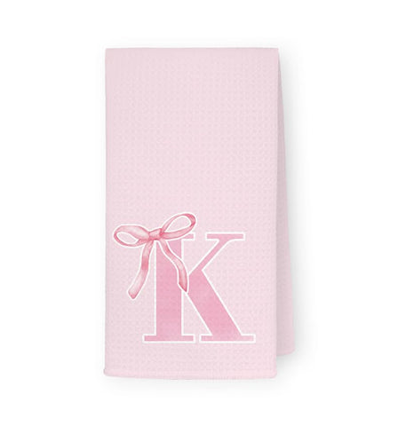 THDSE monogram initial K hand towel with pink bow in soft waffle weave for bathroom.