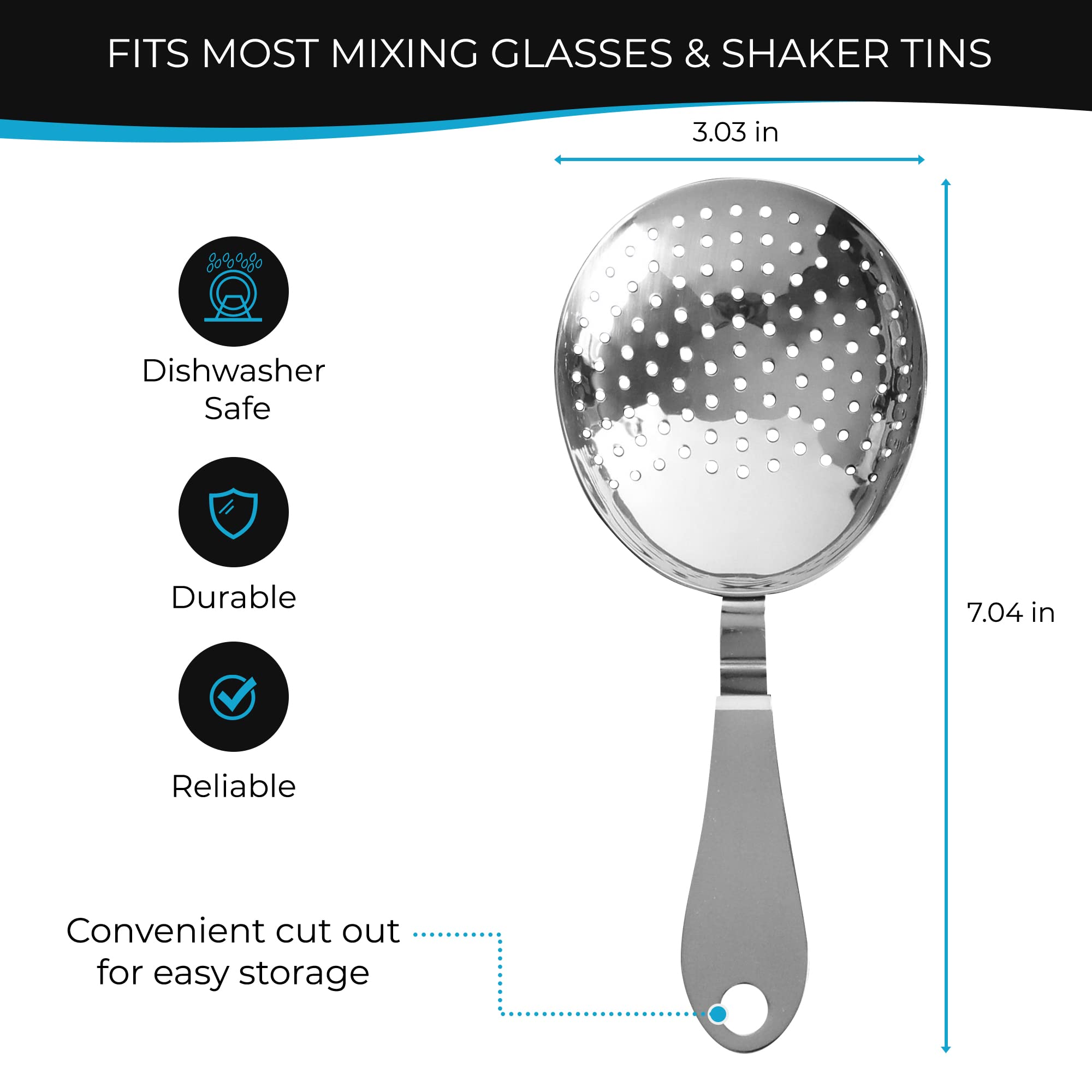The Art of Craft Julep Strainer with bent-handle rests on the glass for easy one-handed use.