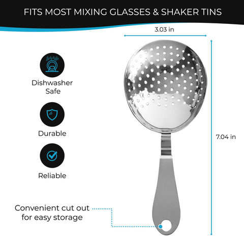 The Art of Craft Julep Strainer with bent-handle rests on the glass for easy one-handed use.