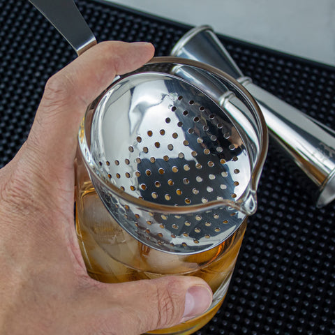 The Art of Craft Julep Strainer wide-fitting design fits standard mixing glasses.