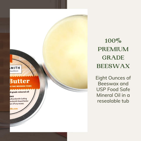 The Boardsmith wax being rubbed into a cutting board for even coverage.