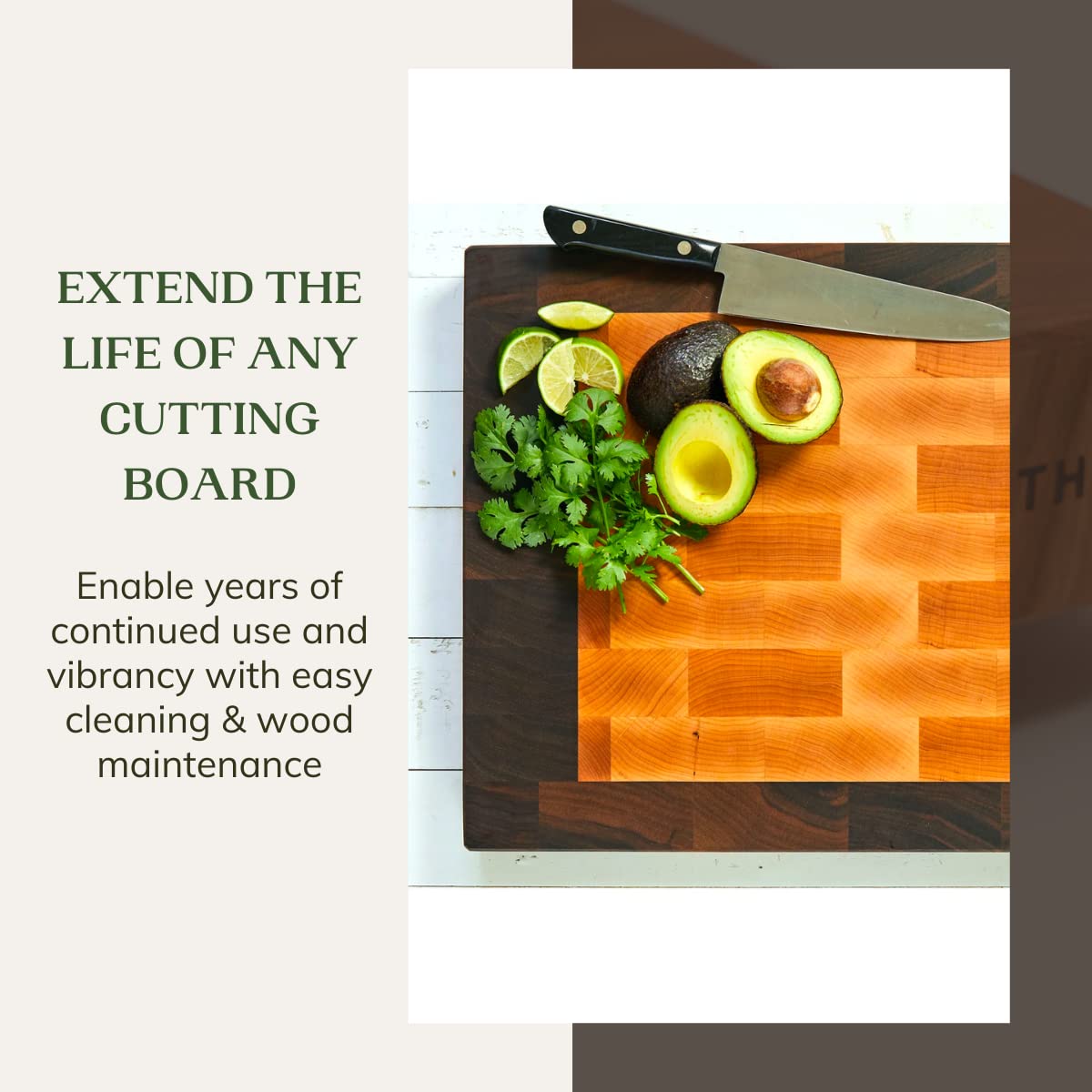 A charcuterie board shows a restored, protected finish after conditioning.