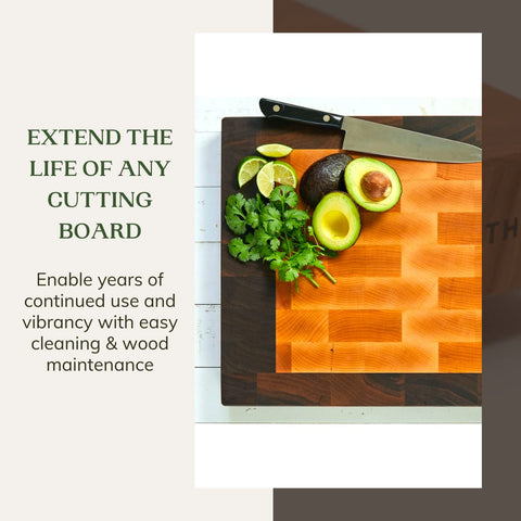 A charcuterie board shows a restored, protected finish after conditioning.