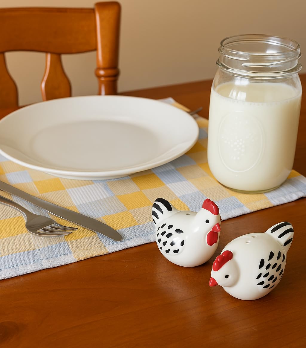 Close-up highlights painted hen design and glaze on The Bridge Collection shakers