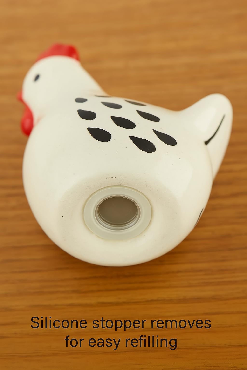 Chick hens serve as a decorative farmhouse decor focal point in a kitchen