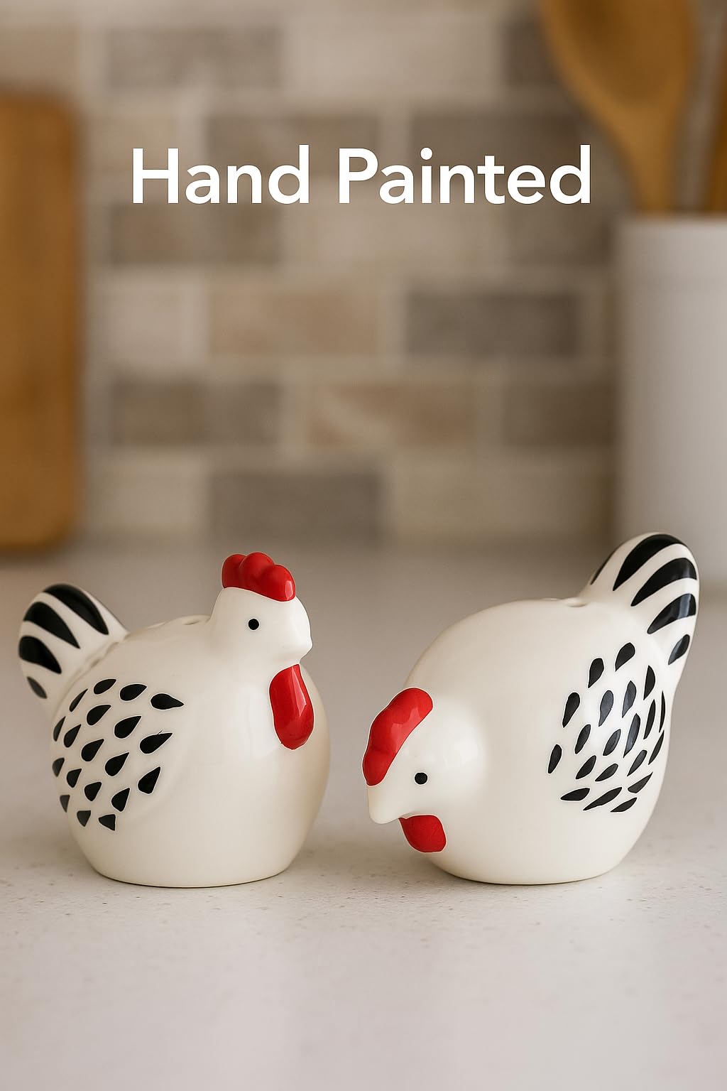 Close-up of glossy ceramic finish on The Bridge Collection chicken shakers