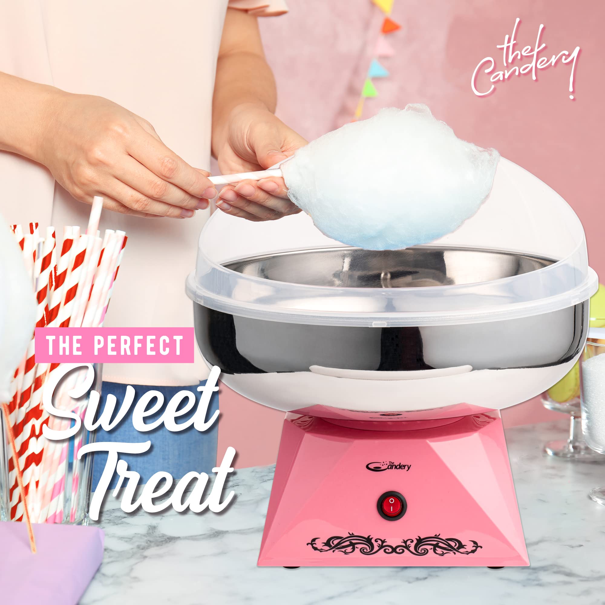 The Candery cotton candy machine in action delivering fluffy wisps quickly