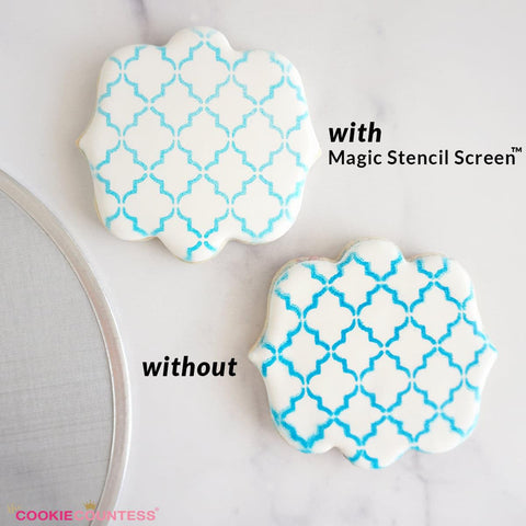 The Cookie Countess Magic Stencil Screen used alone delivers metal durability and easy cleanup.