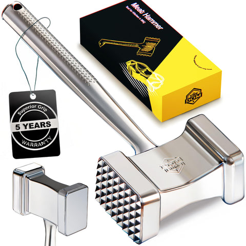 TheDOM stainless steel meat mallet with solid head for even tenderizing.