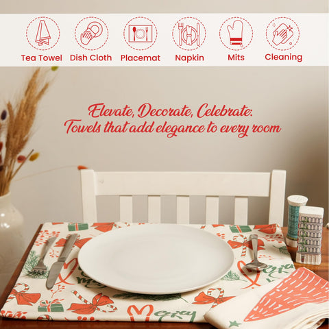 The Fine Living Co. Merry Christmas towels, 18x28 inches, brightening holiday scenes.