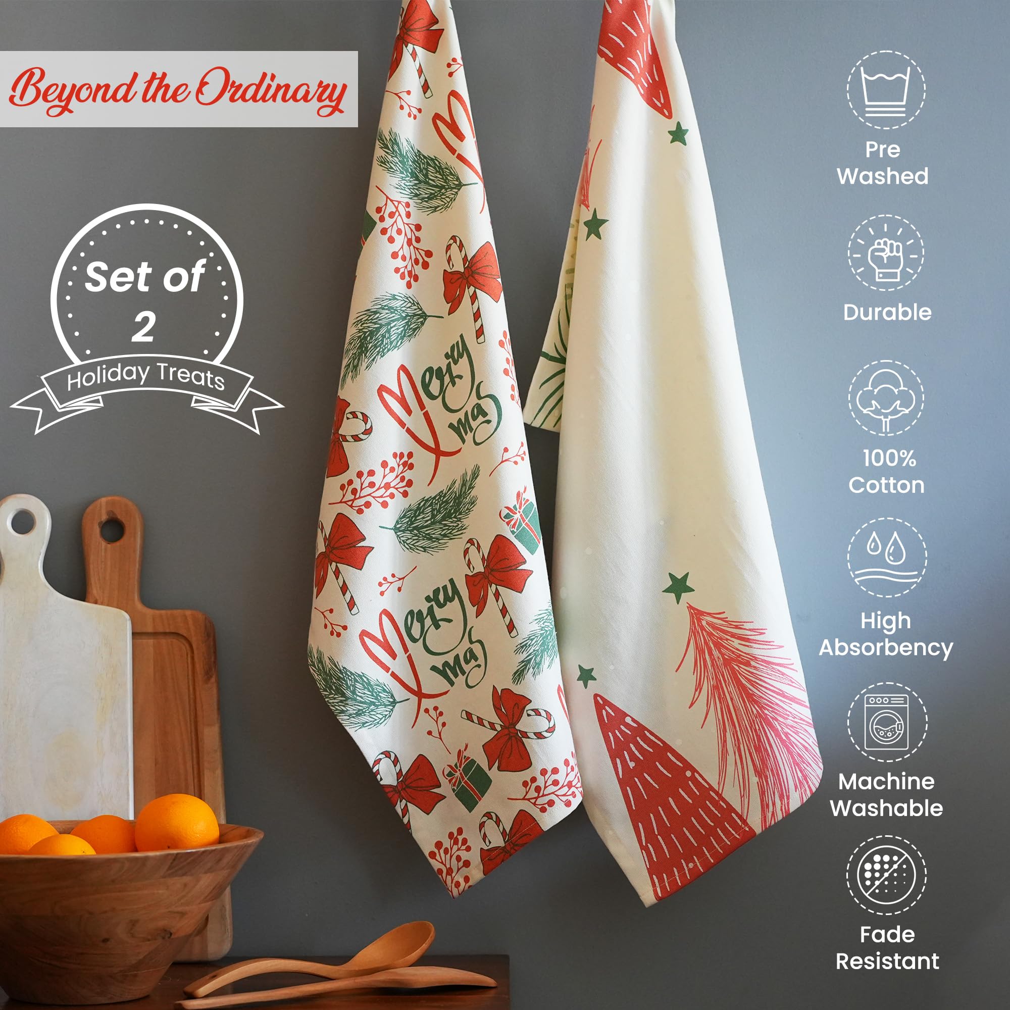 The Fine Living Co. towels with holly motif, ready to dry dishes softly.