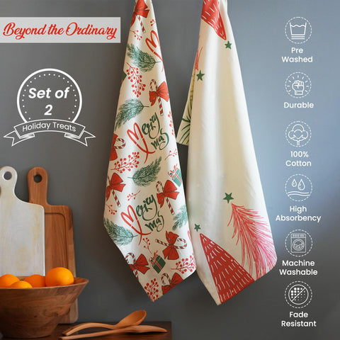 The Fine Living Co. towels with holly motif, ready to dry dishes softly.