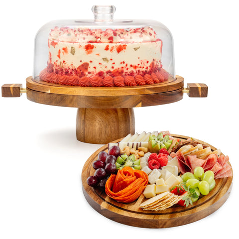 The Foundry House acacia cake stand with lid preserves freshness while elevating dessert display.
