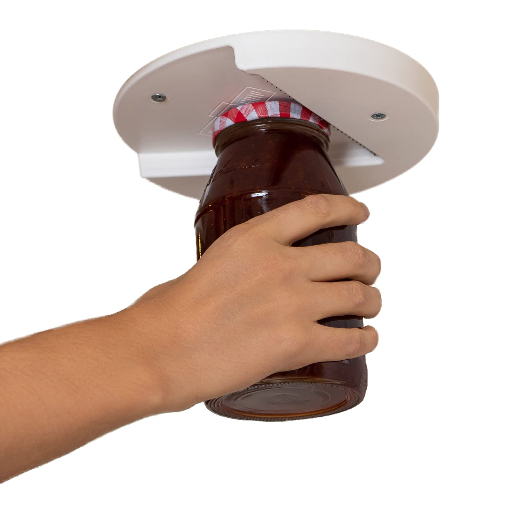 THE G GRIP mounted under-cabinet jar opener in kitchen for easy lid access