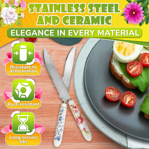 Dishwasher-safe floral butter knives for easy cleanup after meals.
