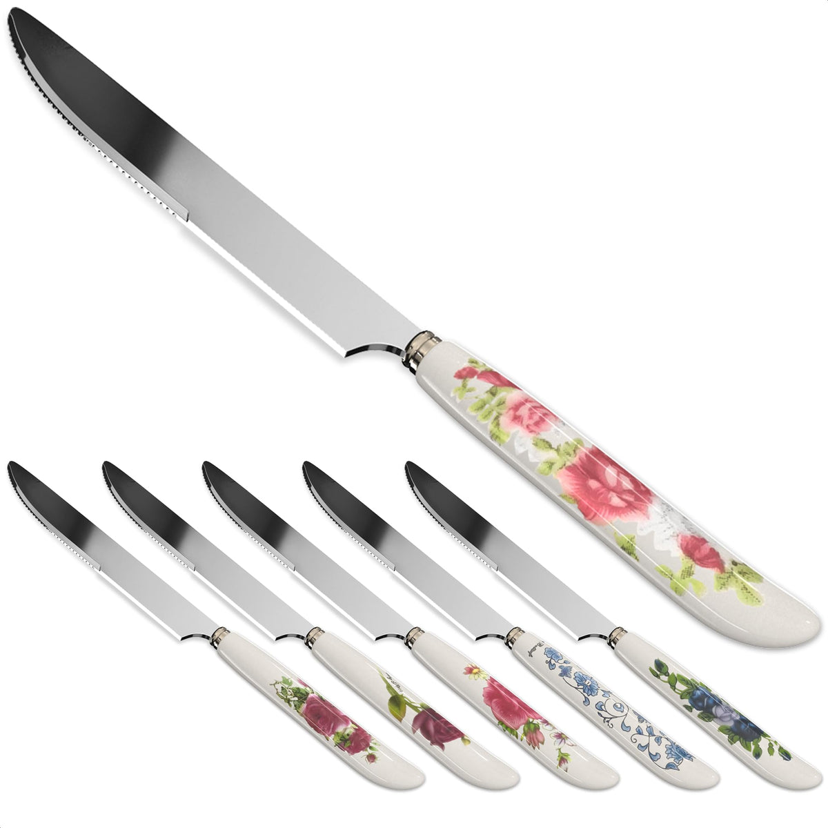 The Little Green Change floral butter knife with ceramic handle detail for elegant everyday dining.