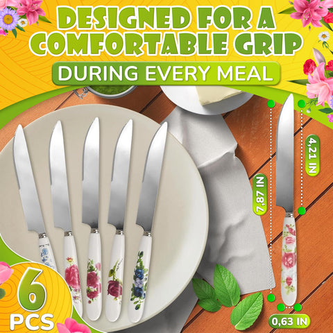 Floral serrated blade butter knife showcasing sharp edge for smooth cuts.