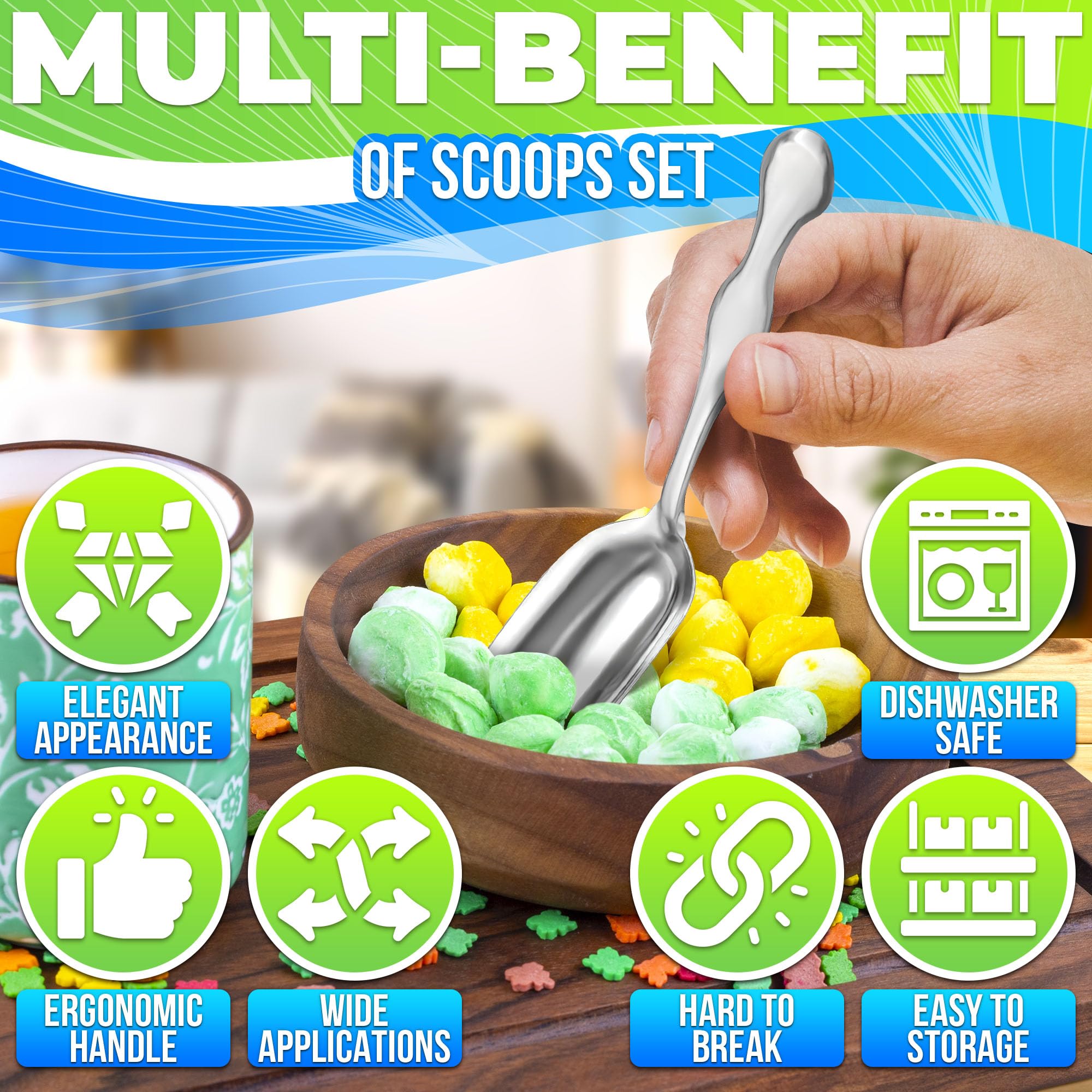 The Little Green Change mini scoops ideal for candy and nuts in the pantry