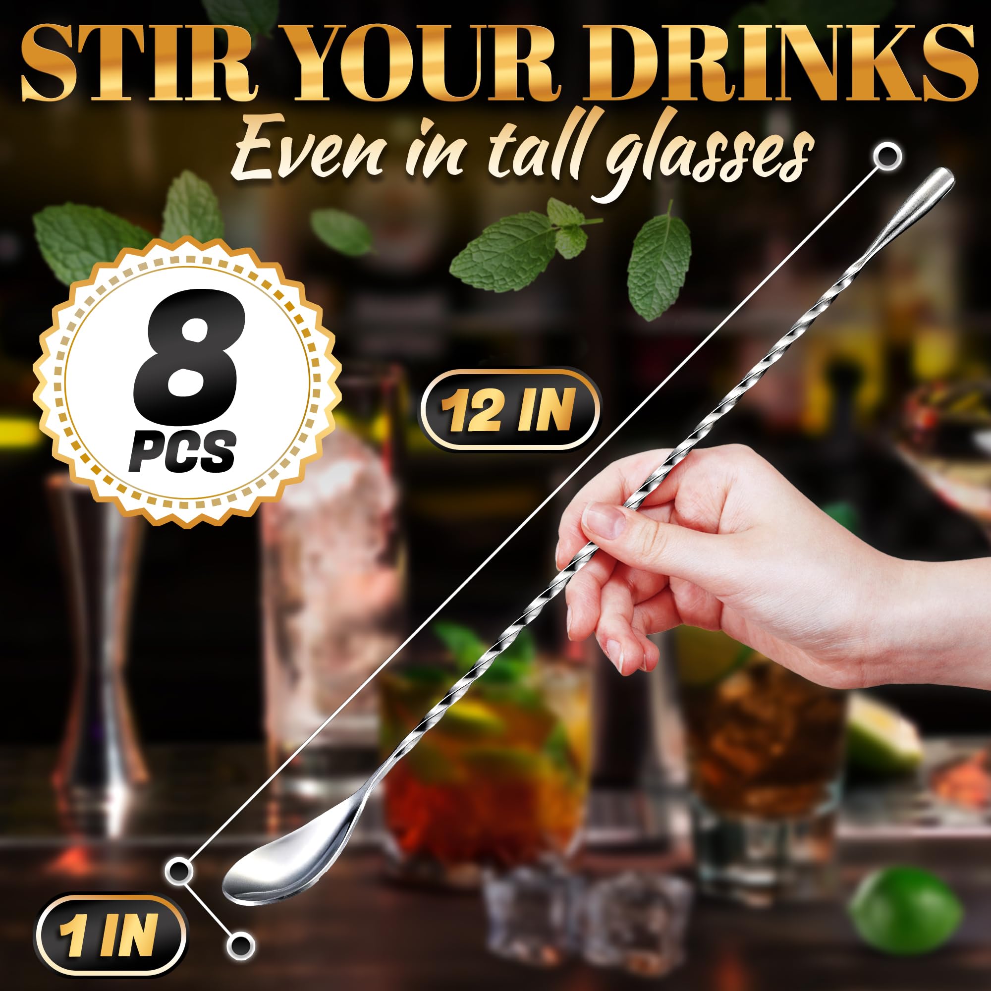 The Little Green Change stainless steel cocktail stirrers show polished durability.
