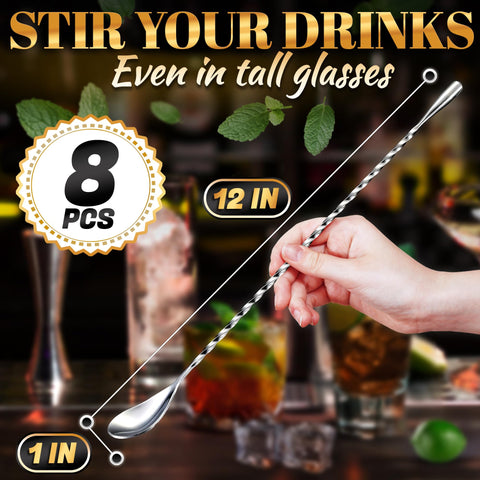 The Little Green Change stainless steel cocktail stirrers show polished durability.