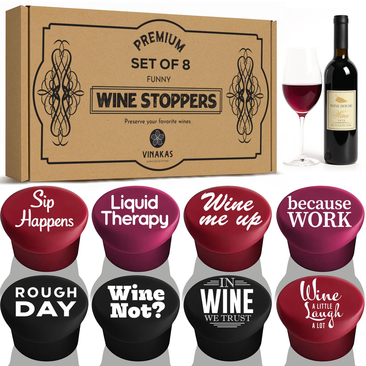 The ONLY GIFT WORTH GIVING funny silicone wine stoppers set of 8—airtight seal.