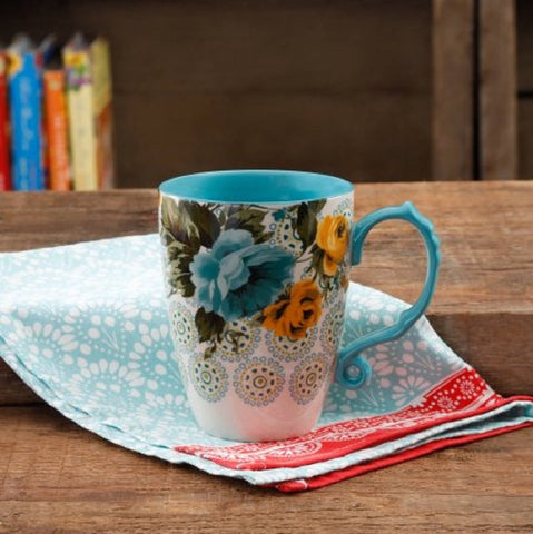 The Pioneer Woman Rose Shadow mug front view, sturdy handle and charm.