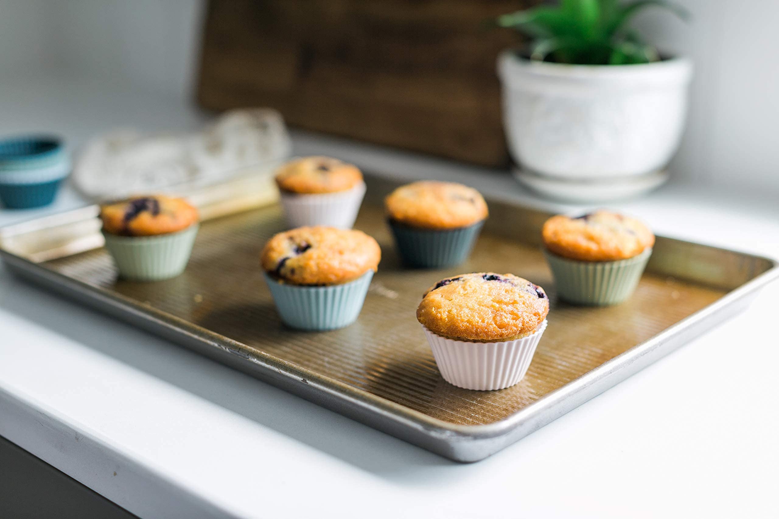 The Silicone Kitchen baking cups dusty blue, in muffin tin, easy release
