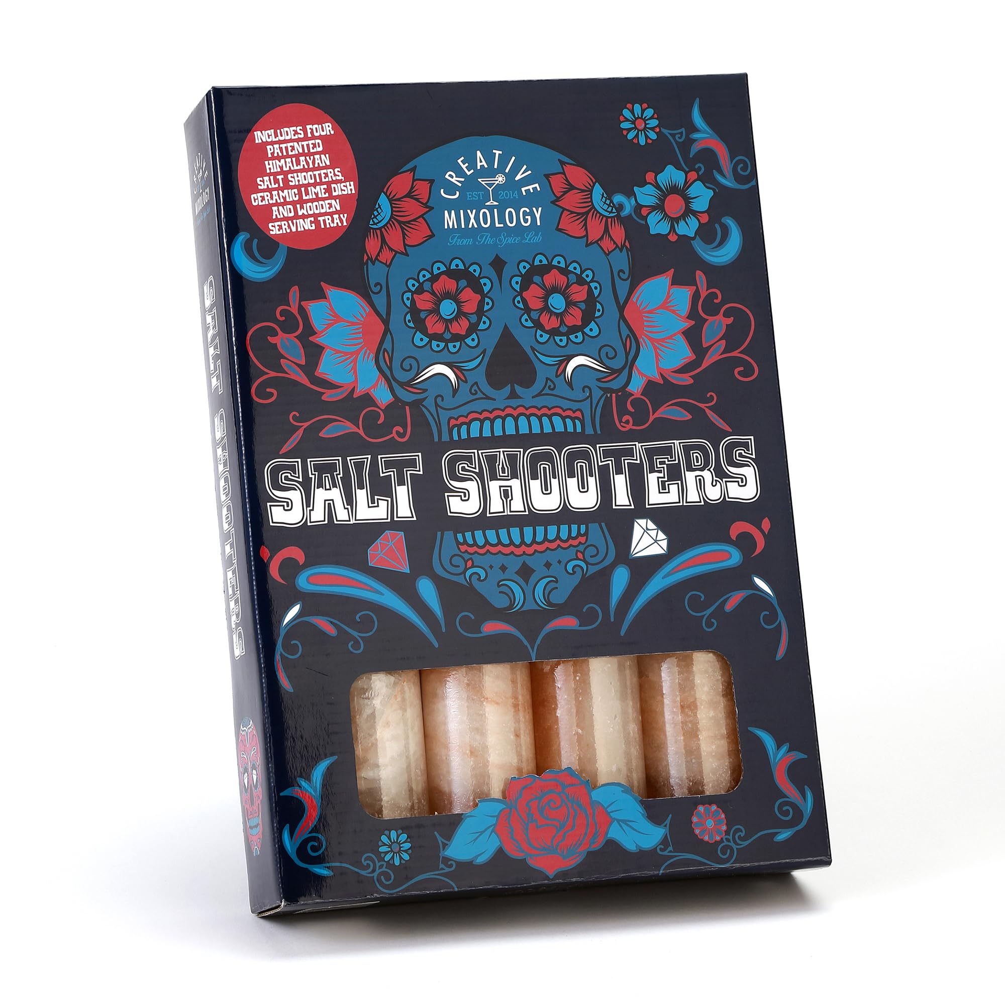 The Spice Lab freezer-ready pink salt glasses keep shots chilly.