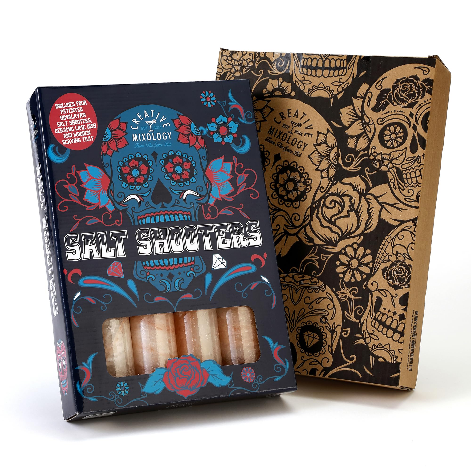 The Spice Lab pink salt shot glasses tray with the set for easy serving.