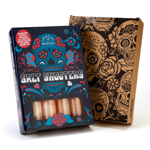 The Spice Lab pink salt shot glasses tray with the set for easy serving.
