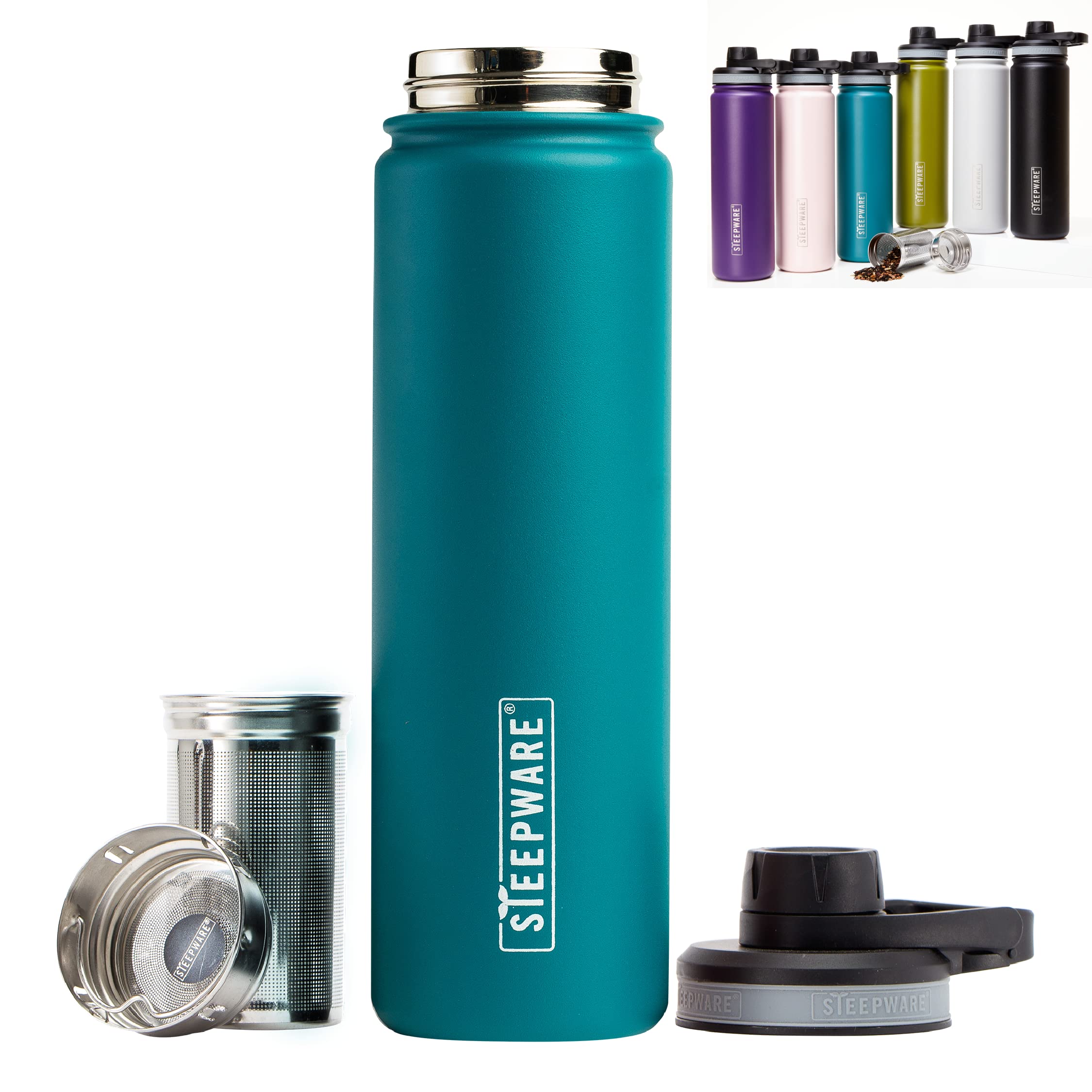 The Tea Spot Steepware 22oz tumbler in teal, travel-friendly brewing on the go.