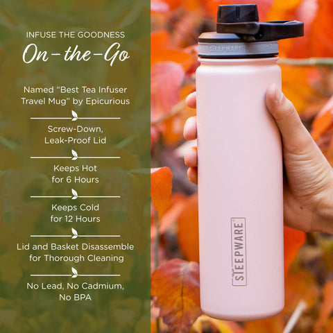 The Tea Spot Steepware double-wall design keeps drinks hot or cold.