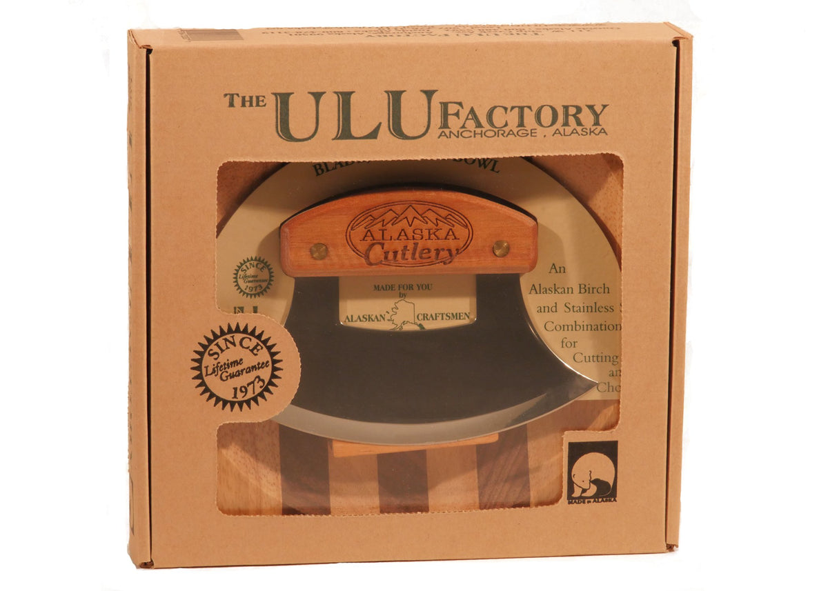 The ULU Factory Alaska ulu knife with curved blade for efficient slicing.