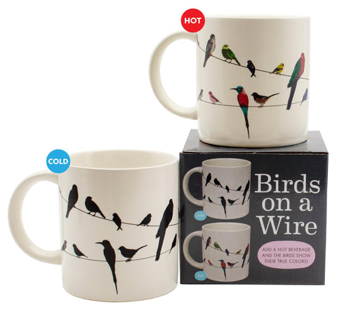 The Unemployed Philosophers Guild Birds on a Wire mug displays 18 species in vibrant color after heating.