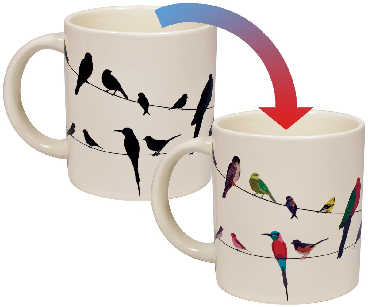 The Unemployed Philosophers Guild Birds on a Wire mug shows cold silhouettes for a playful coffee moment.