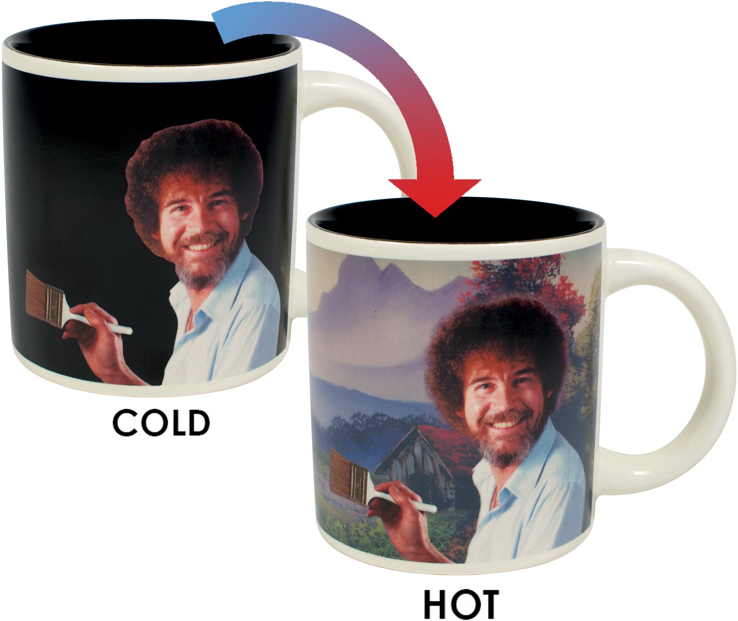 Bob Ross heat-changing mug pour reveals artwork, inspiring focus during tea breaks.