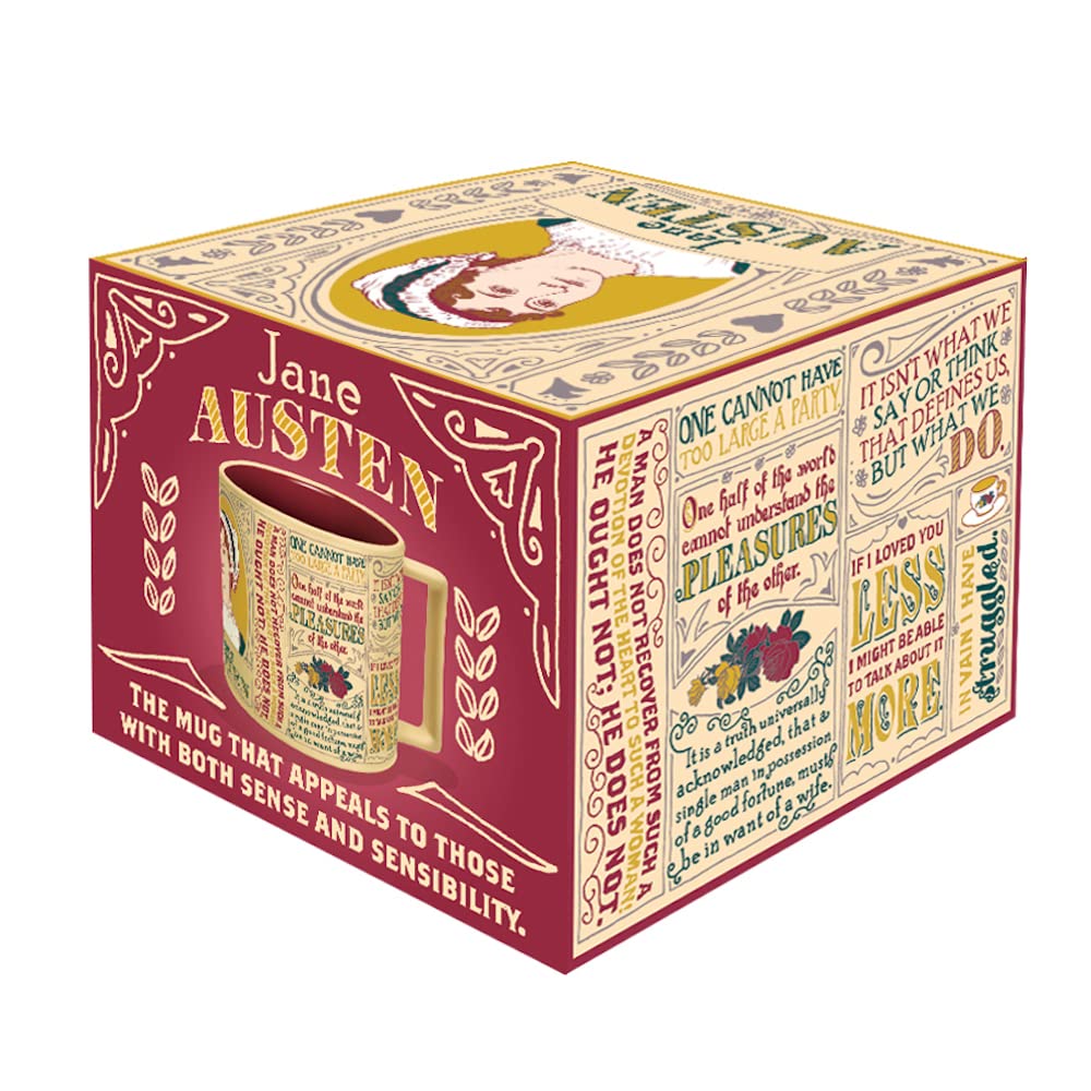 Jane Austen mug with quotes and flourishes highlights literary excerpts