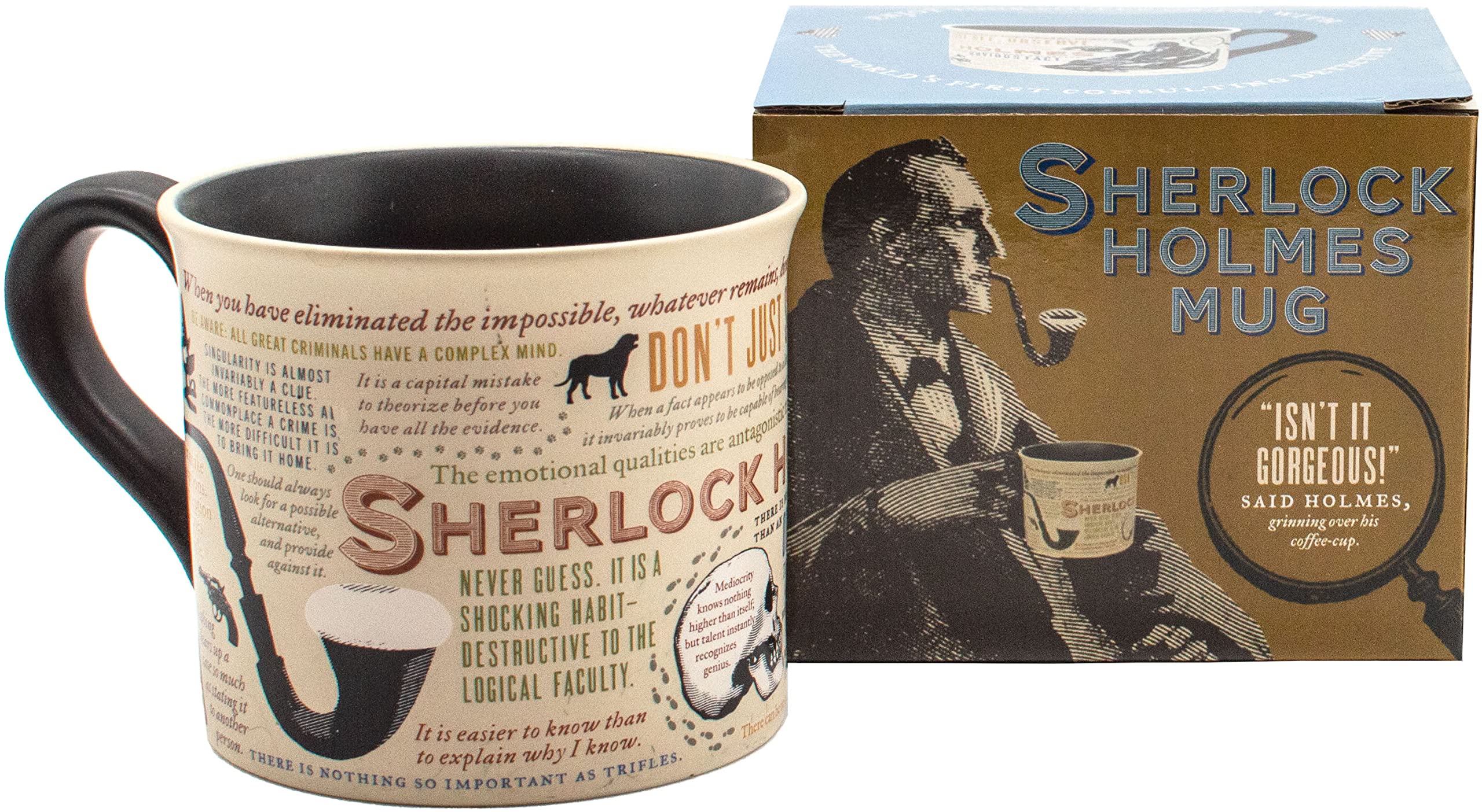 The Unemployed Philosophers Guild Sherlock Holmes mug with quote design, ideal for fans.