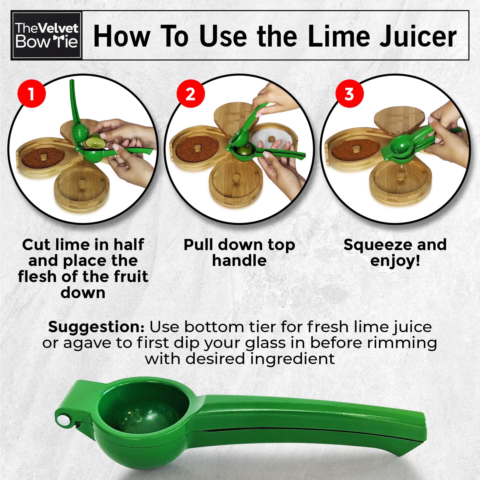 The Velvet Bow Tie handheld citrus juicer extracts fresh lime juice.