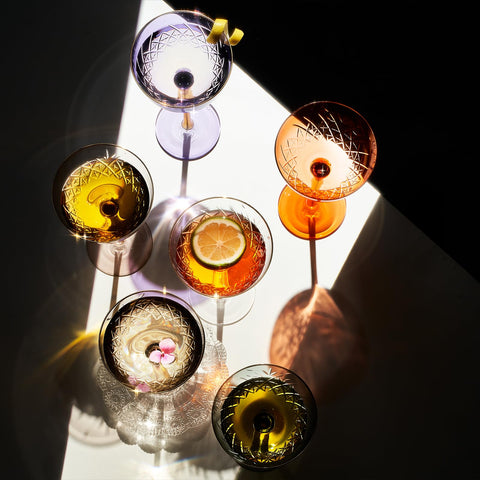 The Wine Savant 7oz multi-colored coupe set ideal for champagne and martinis.