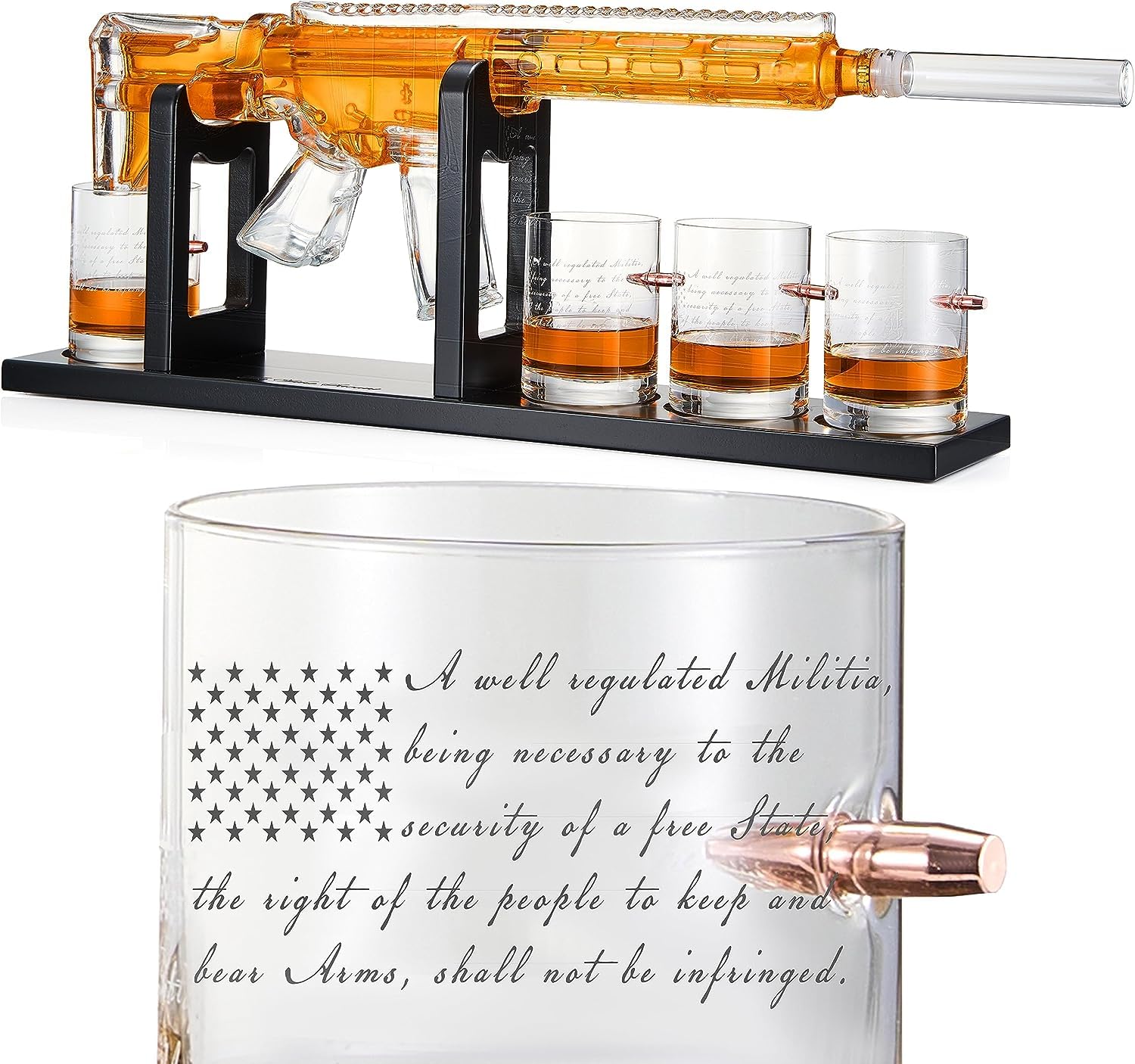 The Wine Savant AR15 decanter with stand for elegant display and 1000ml whiskey pours.