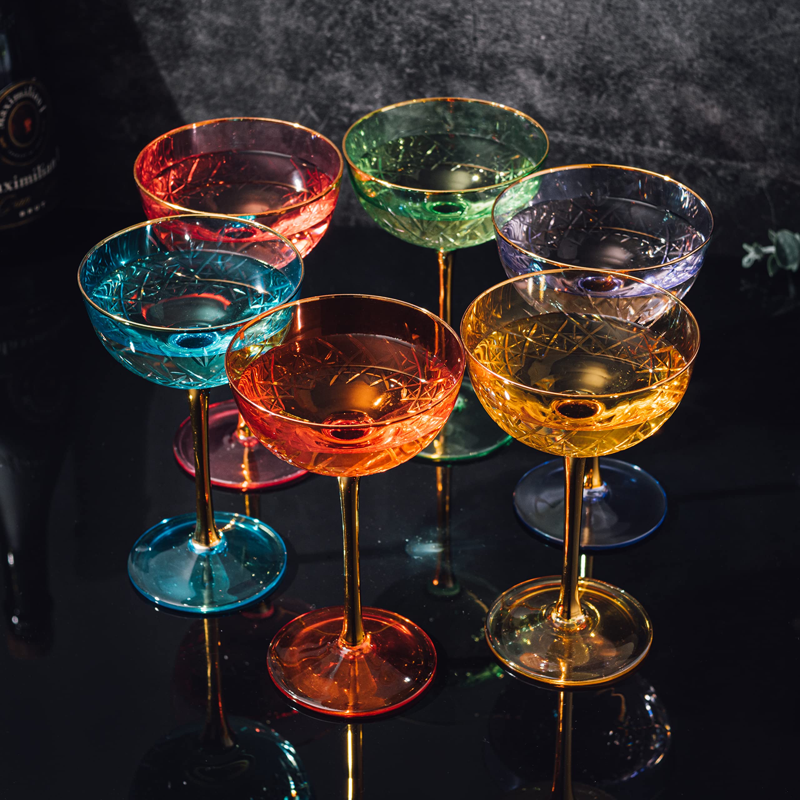 The Wine Savant colorful hand-blown cocktail glasses bring a modern chic touch.