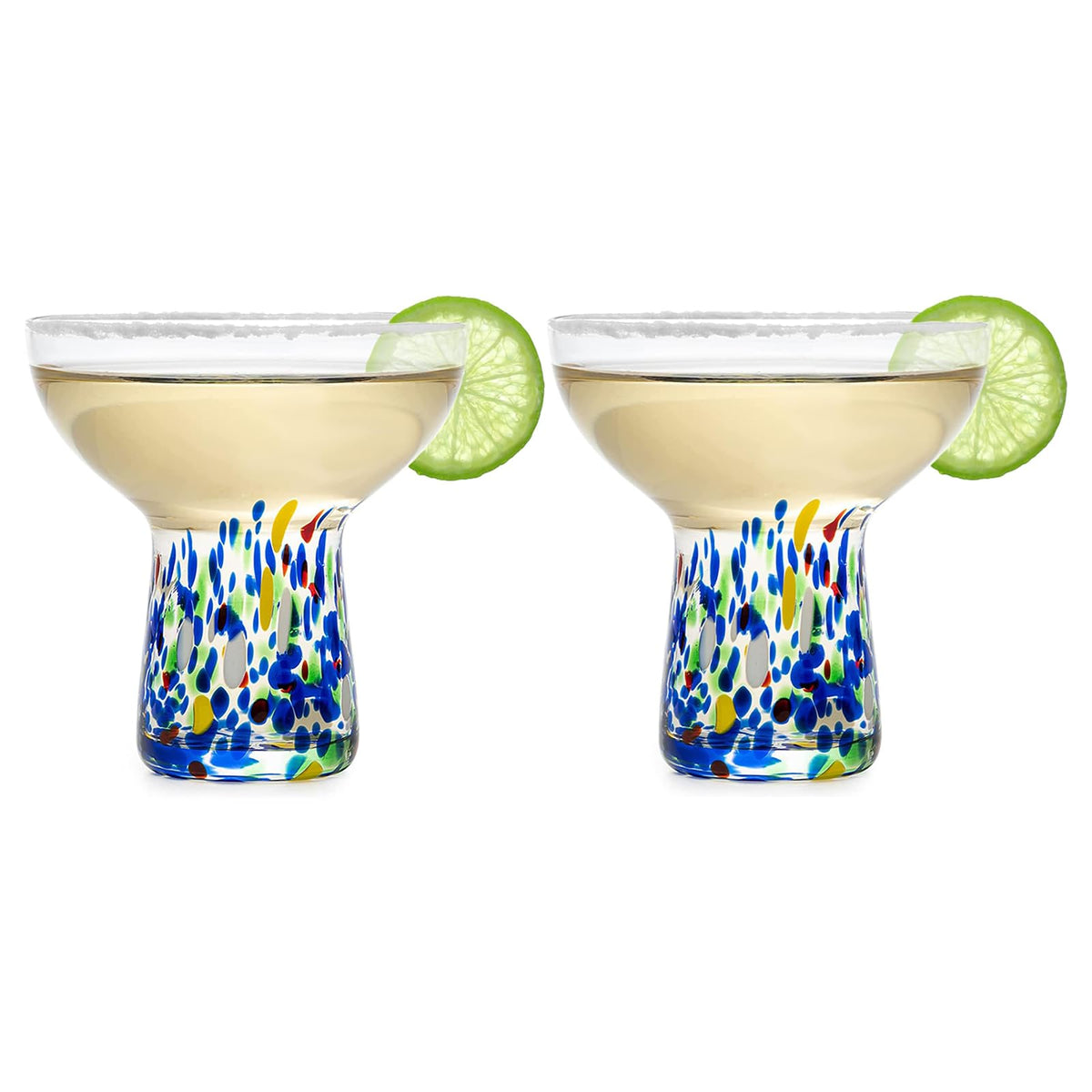 The Wine Savant confetti margarita glass front view, vibrant colors for celebrations.