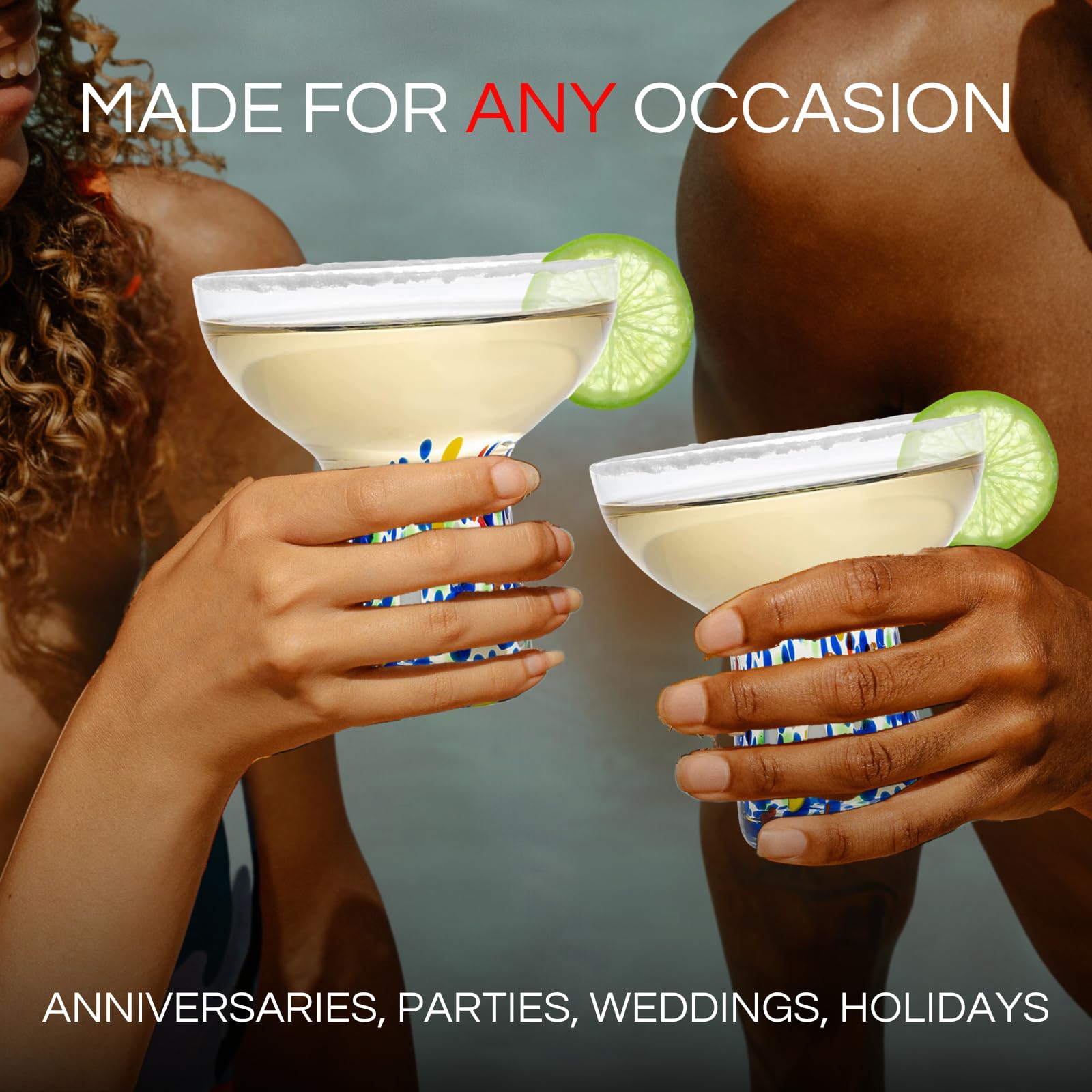 The Wine Savant confetti margarita glass side view, handcrafted elegance for entertaining.