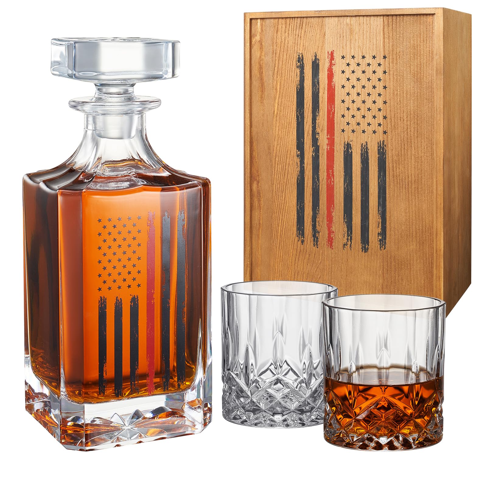 The Wine Savant firefighter decanter 730ml with flag design for elegant whiskey storage and display.